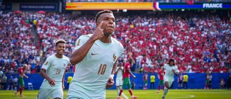 France's Kylian Mbappe celebrates scoring their first goal
