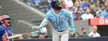 Tampa Bay Rays right fielder Victor Mesa Jr. (25) hits a solo home run against the Toronto Blue Jays in the second inning at Rogers Centre.