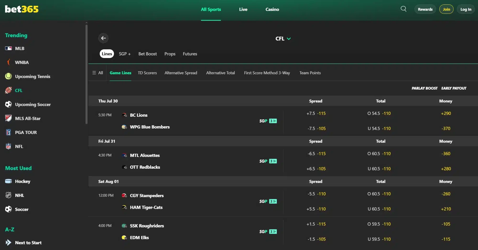 A screenshot of bet365 displaying CFL betting odds
