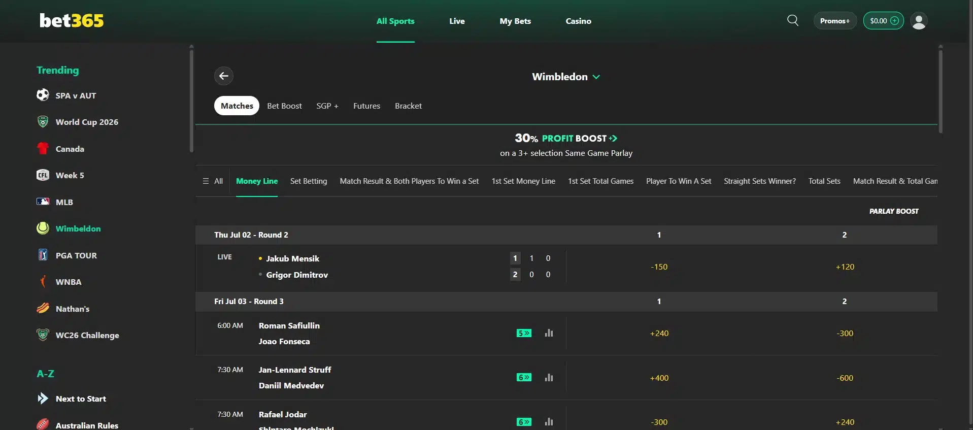 A desktop screenshot of bet365's Wimbledon betting page.