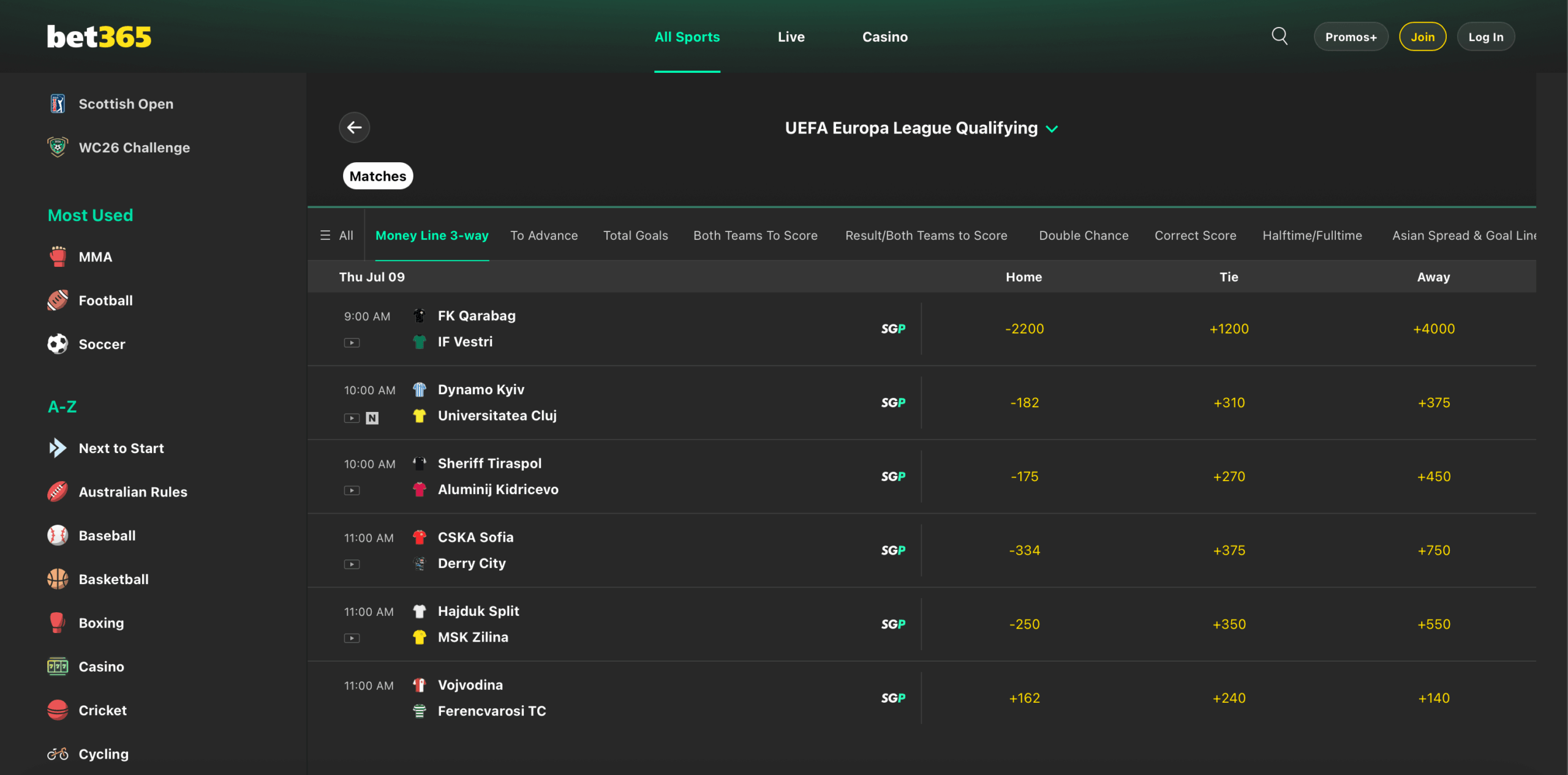 A screenshot of bet365 displaying UEFA Europa League betting odds