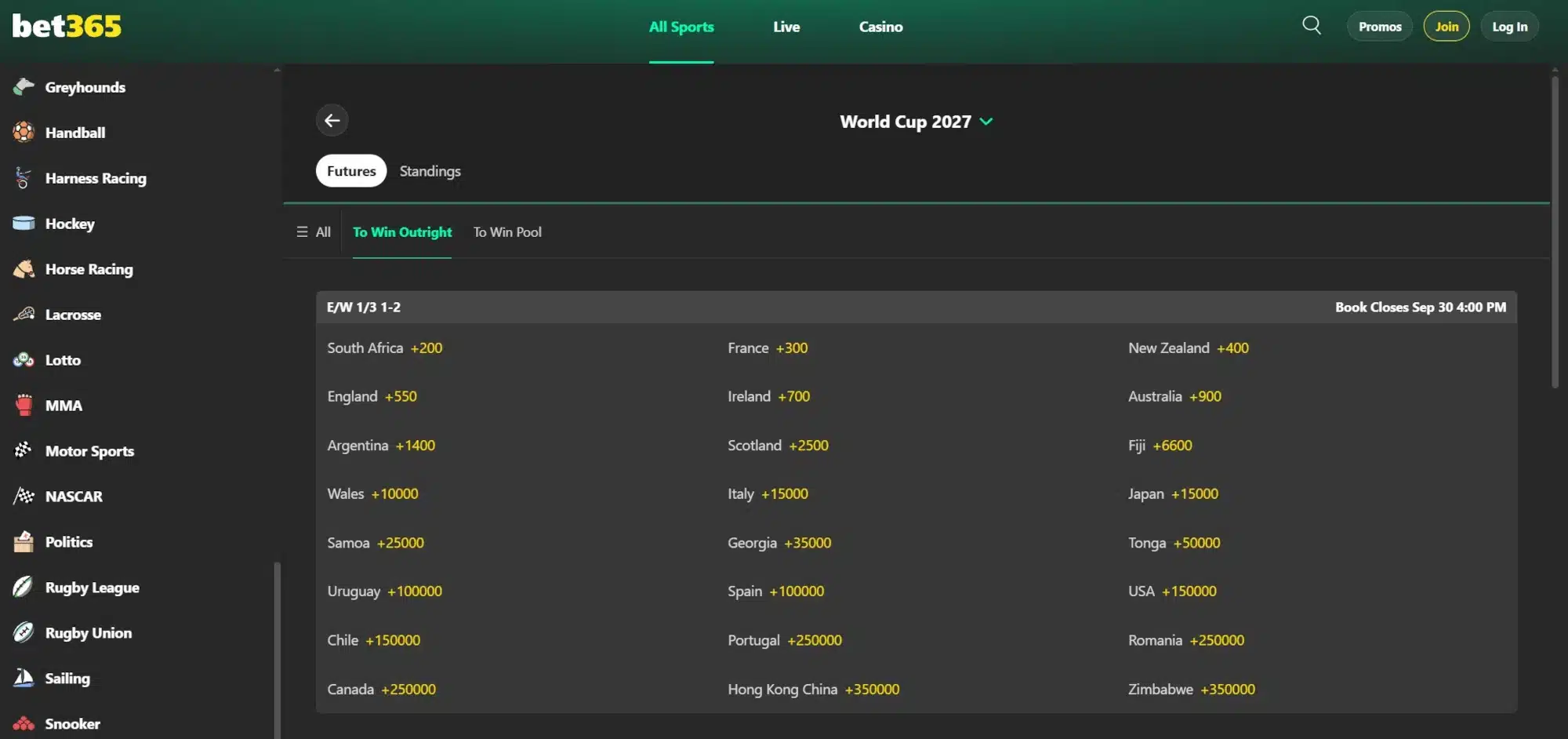 A screenshot of bet635 displaying rugby odds