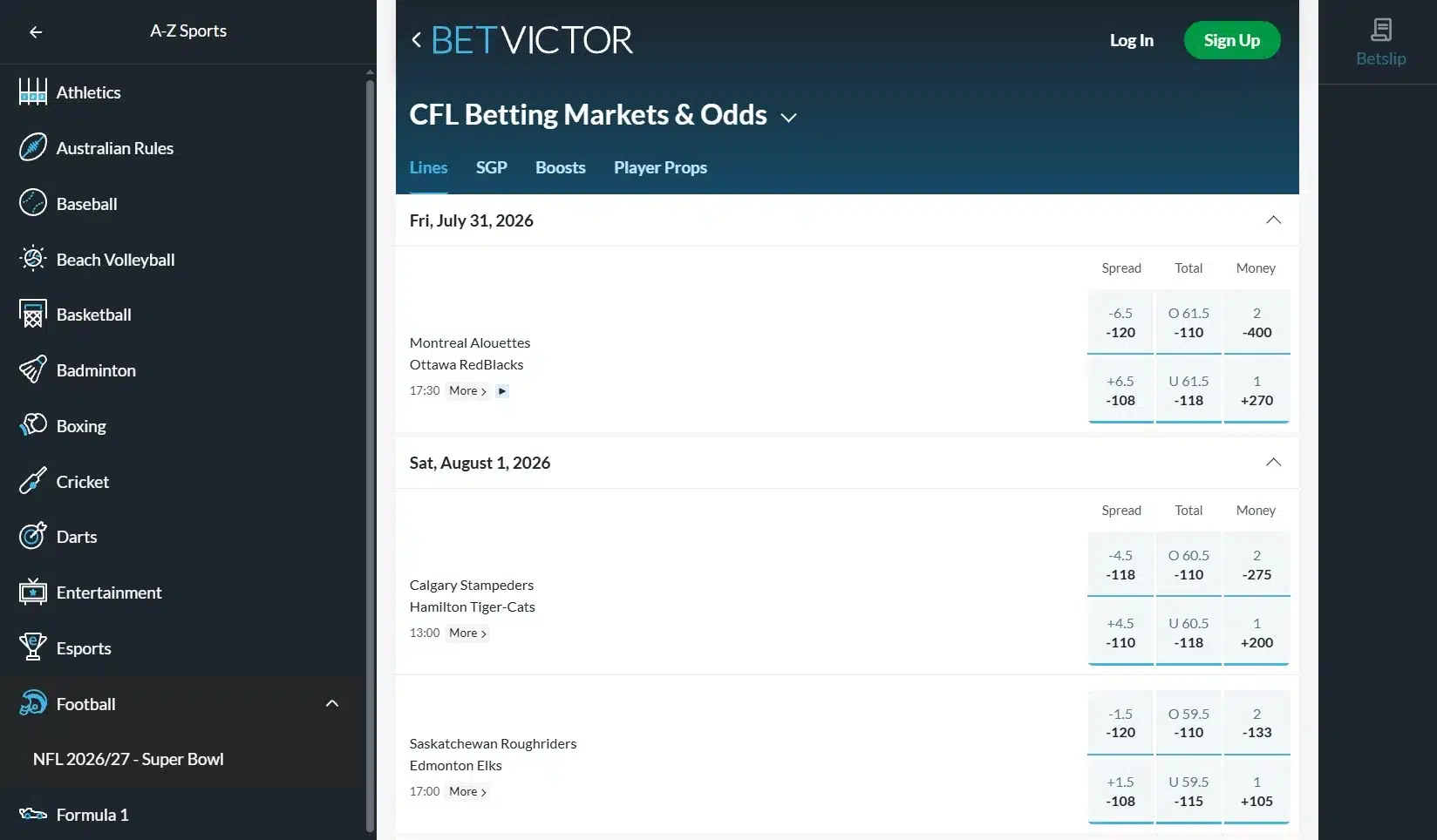 A screenshot of BetVictor CFL Betting