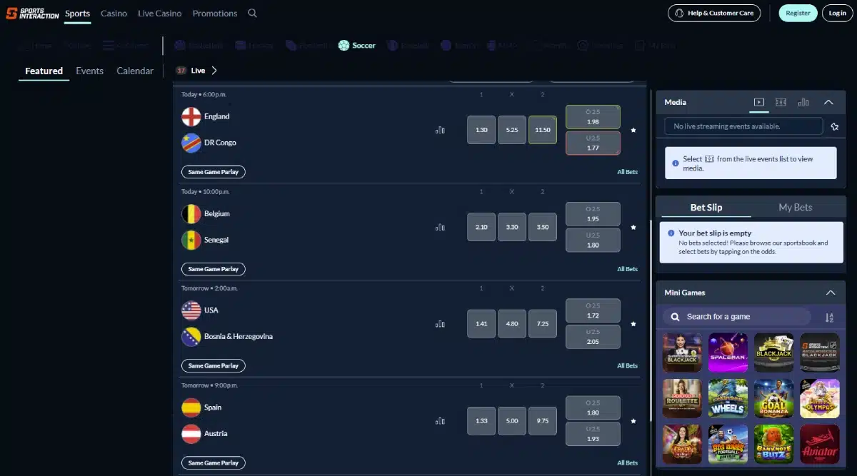 A screenshot of Sports Interaction home page