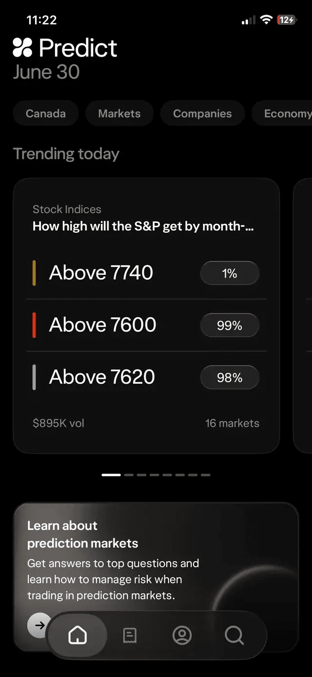A view of the Wealthsimple Predict mobile app on an iPhone