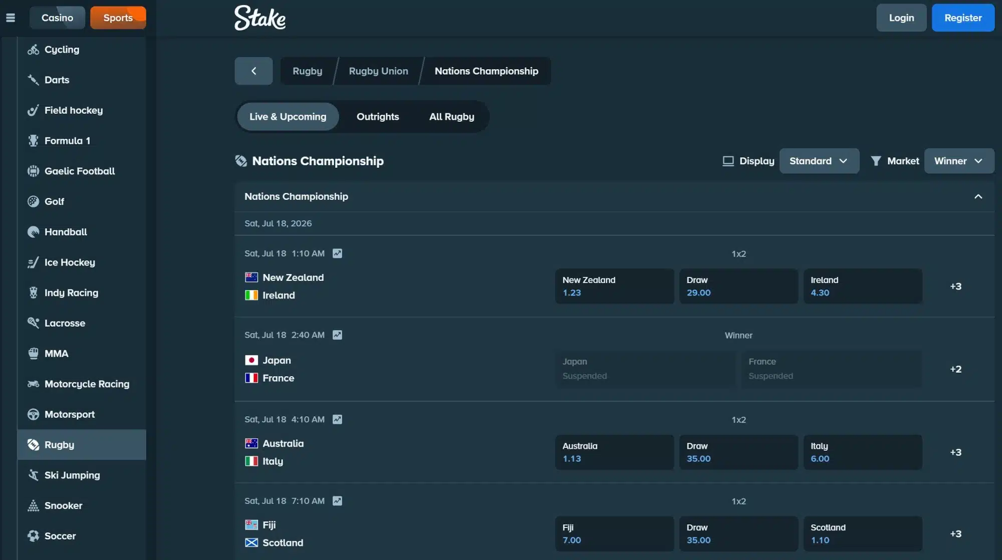 A screenshot of Stake displaying rugby betting odds for the Nations Championship