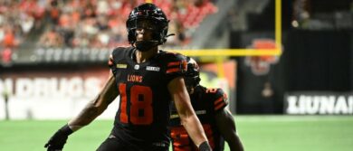 BC Lions wide receiver Justin McInnis (18) celebrates scoring a touchdown during the second half against the Edmonton Elks at BC Place Stadium.
