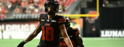 BC Lions wide receiver Justin McInnis (18) celebrates scoring a touchdown during the second half against the Edmonton Elks at BC Place Stadium.