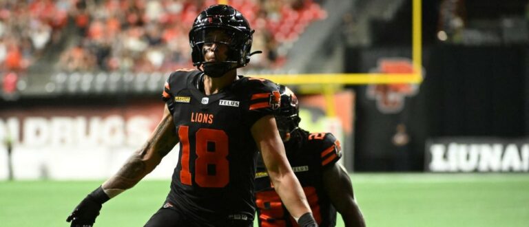 BC Lions wide receiver Justin McInnis (18) celebrates scoring a touchdown during the second half against the Edmonton Elks at BC Place Stadium.