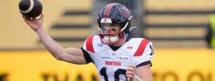 Montreal Alouettes quarterback Davis Alexander (10) throws a pass against the Hamilton Tiger-Cats in the Eastern Final at Hamilton Stadium.