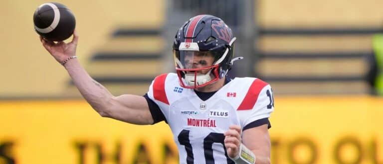 Montreal Alouettes quarterback Davis Alexander (10) throws a pass against the Hamilton Tiger-Cats in the Eastern Final at Hamilton Stadium.