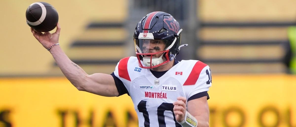 Montreal Alouettes quarterback Davis Alexander (10) throws a pass against the Hamilton Tiger-Cats in the Eastern Final at Hamilton Stadium.