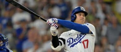 Los Angeles Dodgers designated hitter Shohei Ohtani (17) at bat in the tenth inning against the Kansas City Royals at Dodger Stadium.