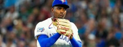 Toronto Blue Jays pitcher José Soriano (40) returns to the dugout after the first inning against the Boston Red Sox at Rogers Centre.