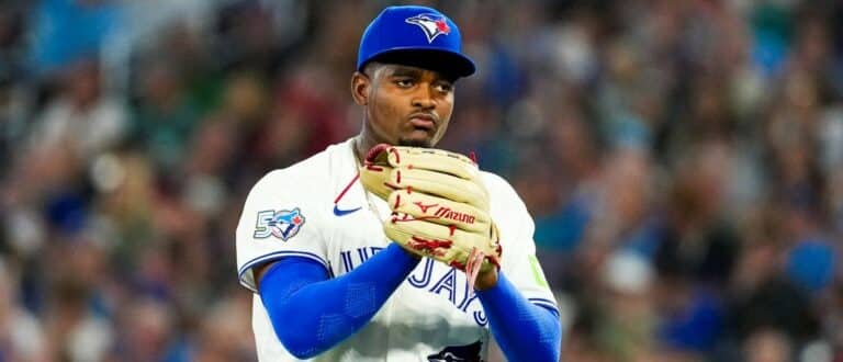 Toronto Blue Jays pitcher José Soriano (40) returns to the dugout after the first inning against the Boston Red Sox at Rogers Centre.