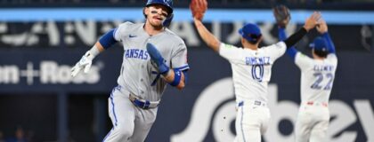 Kansas City Royals shortstop Bobby Witt Jr. (7) runs to third base against the Torontof Blue Jays in the fifth inning at Rogers Centre.