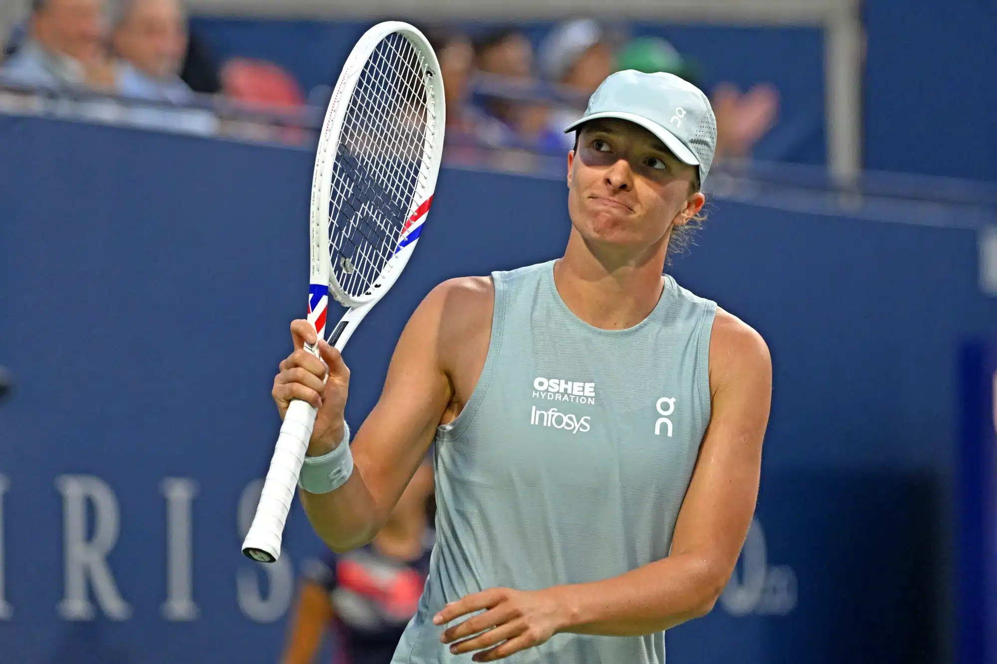 Aug 10, 2026; Toronto, Ontario, Canada; Iga Swiatek (POL) celebrates after defeating Diana Shnaider during quarter final play at Sobeys Stadium. Mandatory Credit: Dan Hamilton-Imagn Images