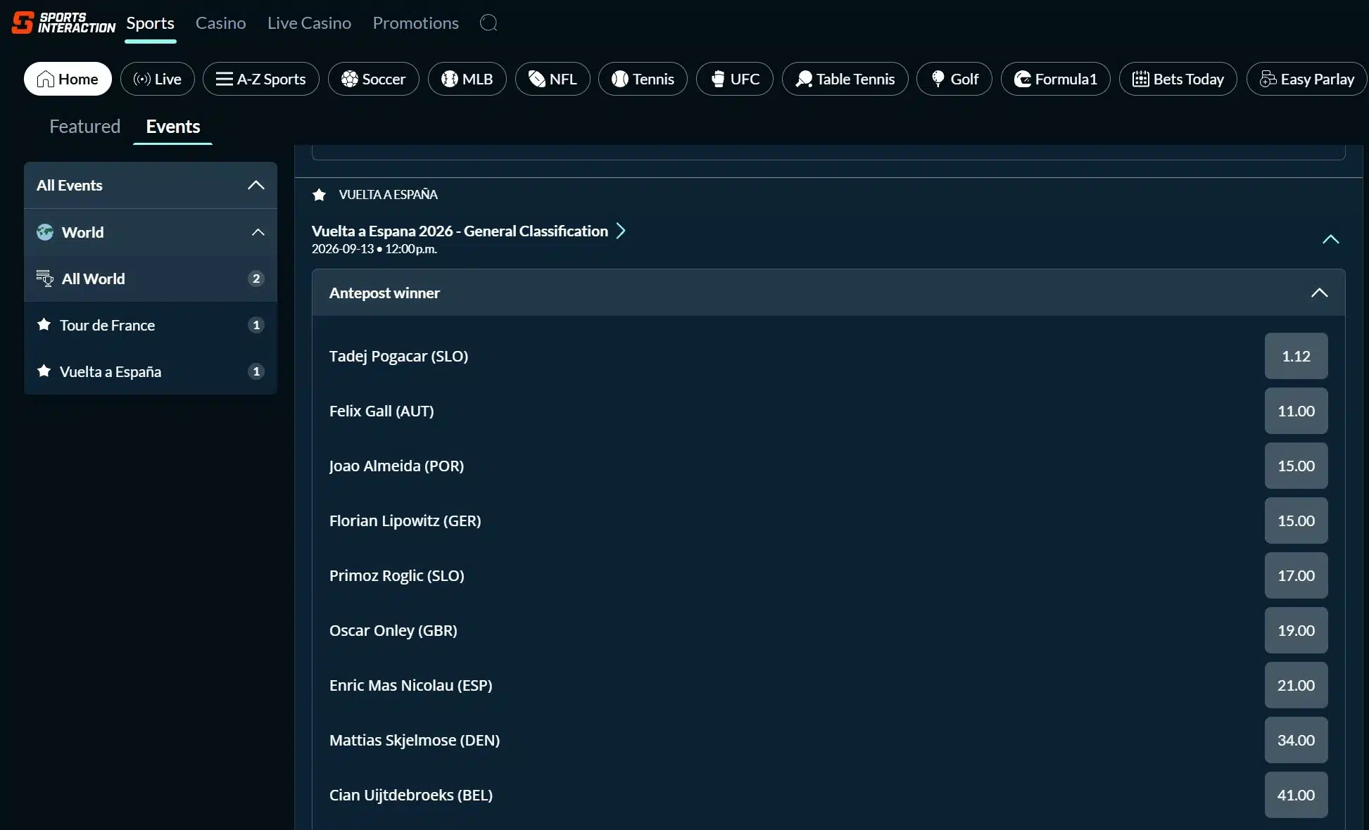 A screenshot of Sports Interaction displaying cycling odds