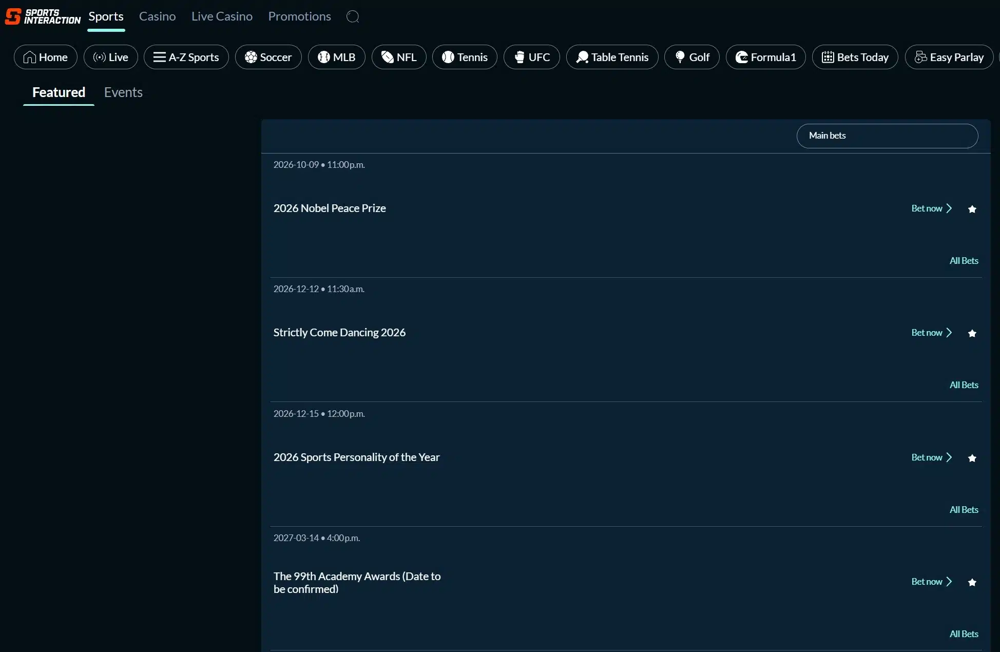 A screenshot of Sports Interaction displaying entertainment betting odds