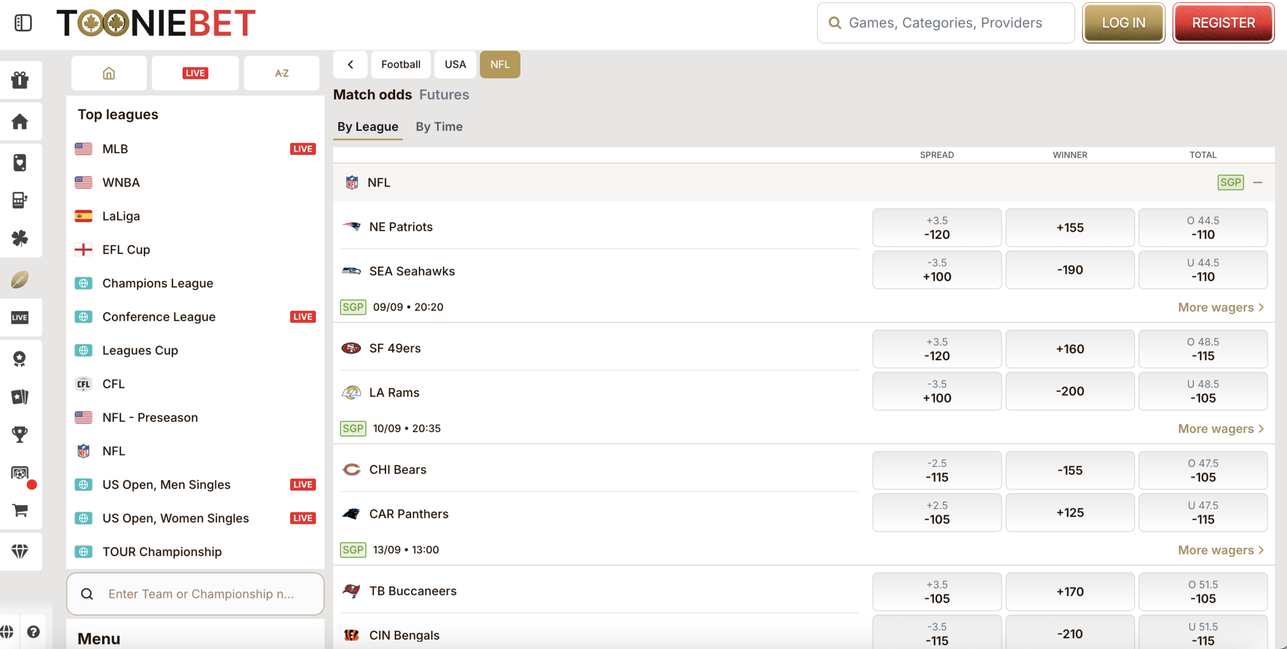 ToonieBet NFL Betting Lines