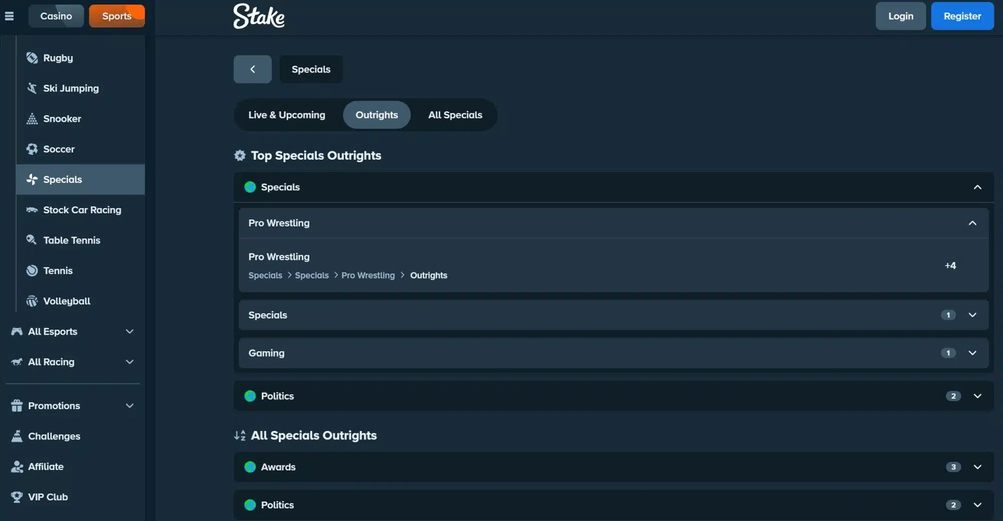A screenshot of Stake.com displaying entertainment odds
