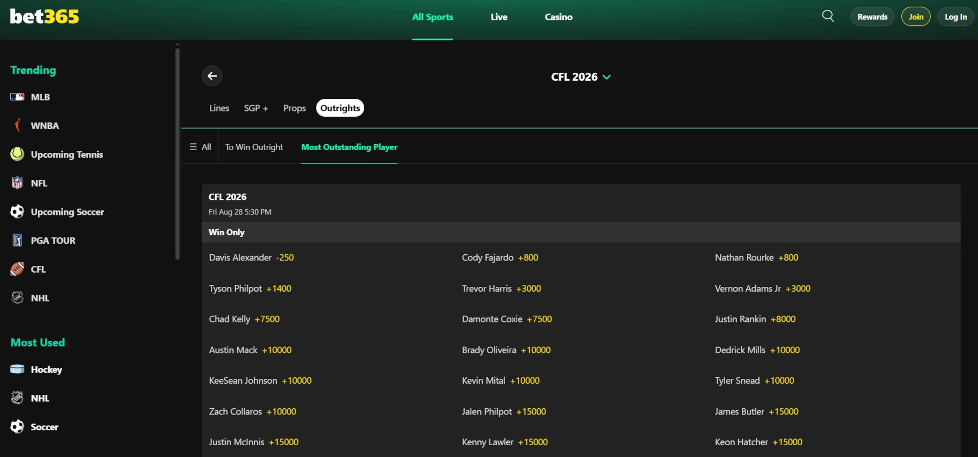 A screenshot of bet365 displaying 2026 CFL MOP odds