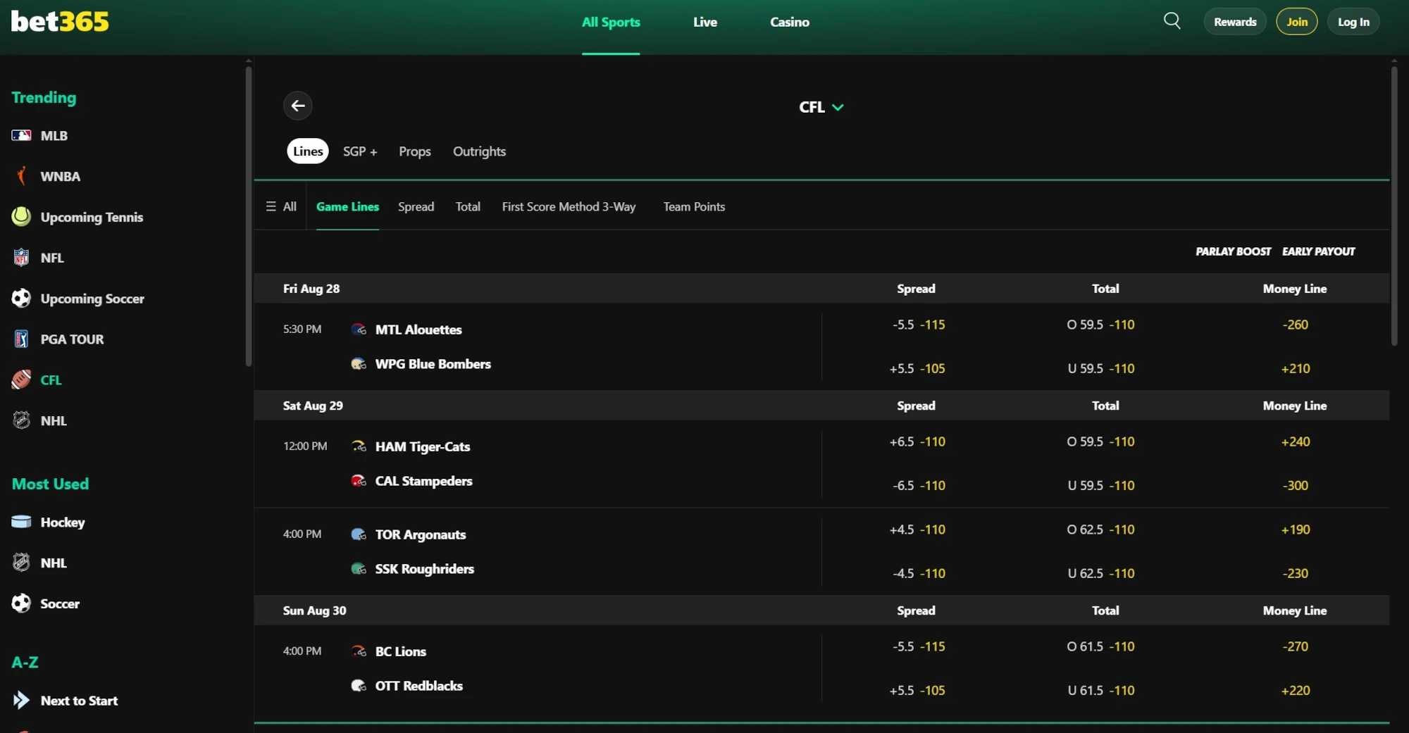 A screenshot of bet365 displaying CFL odds