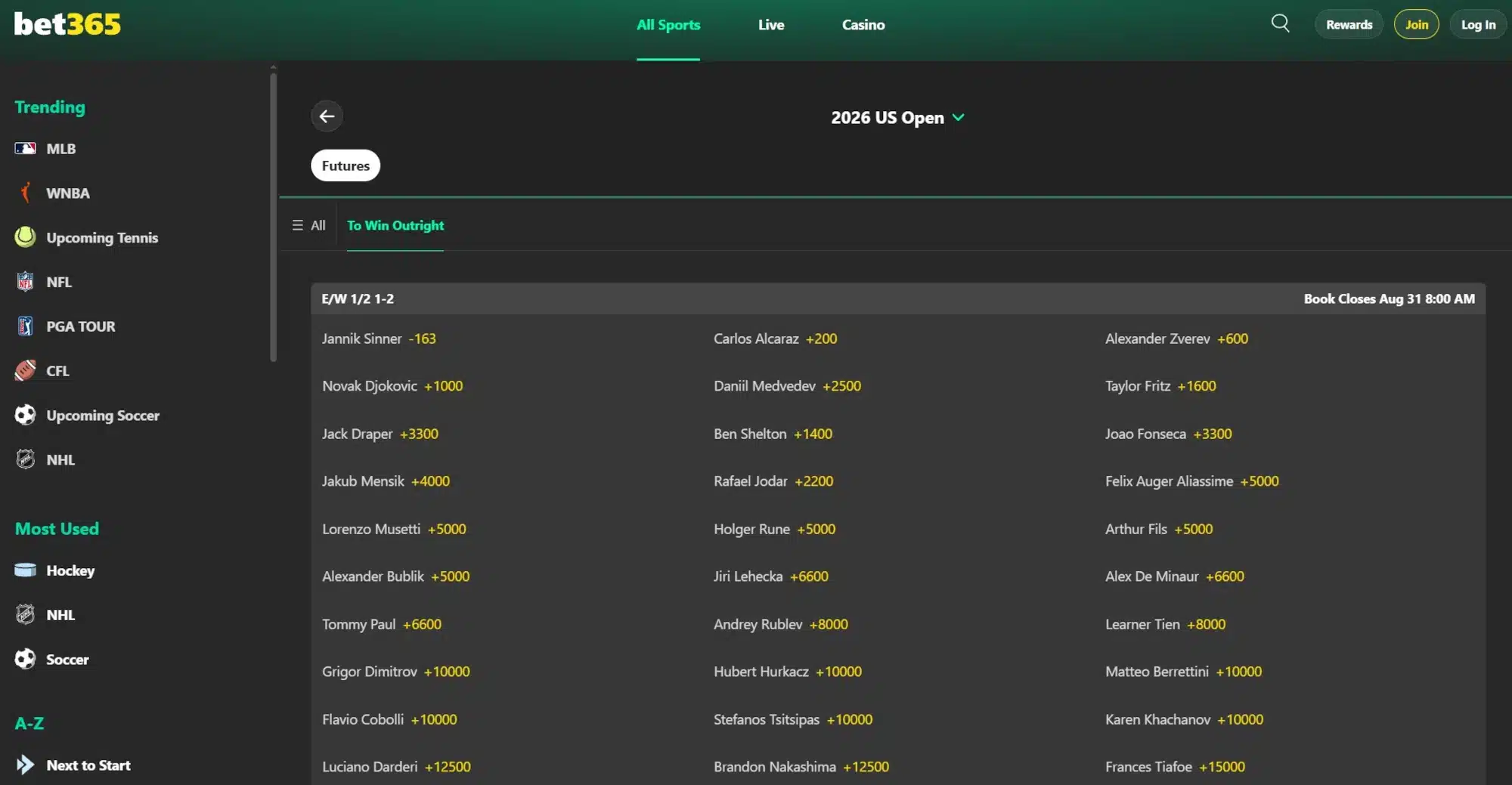 A screenshot desktop view of bet365's 2026 US Open odds