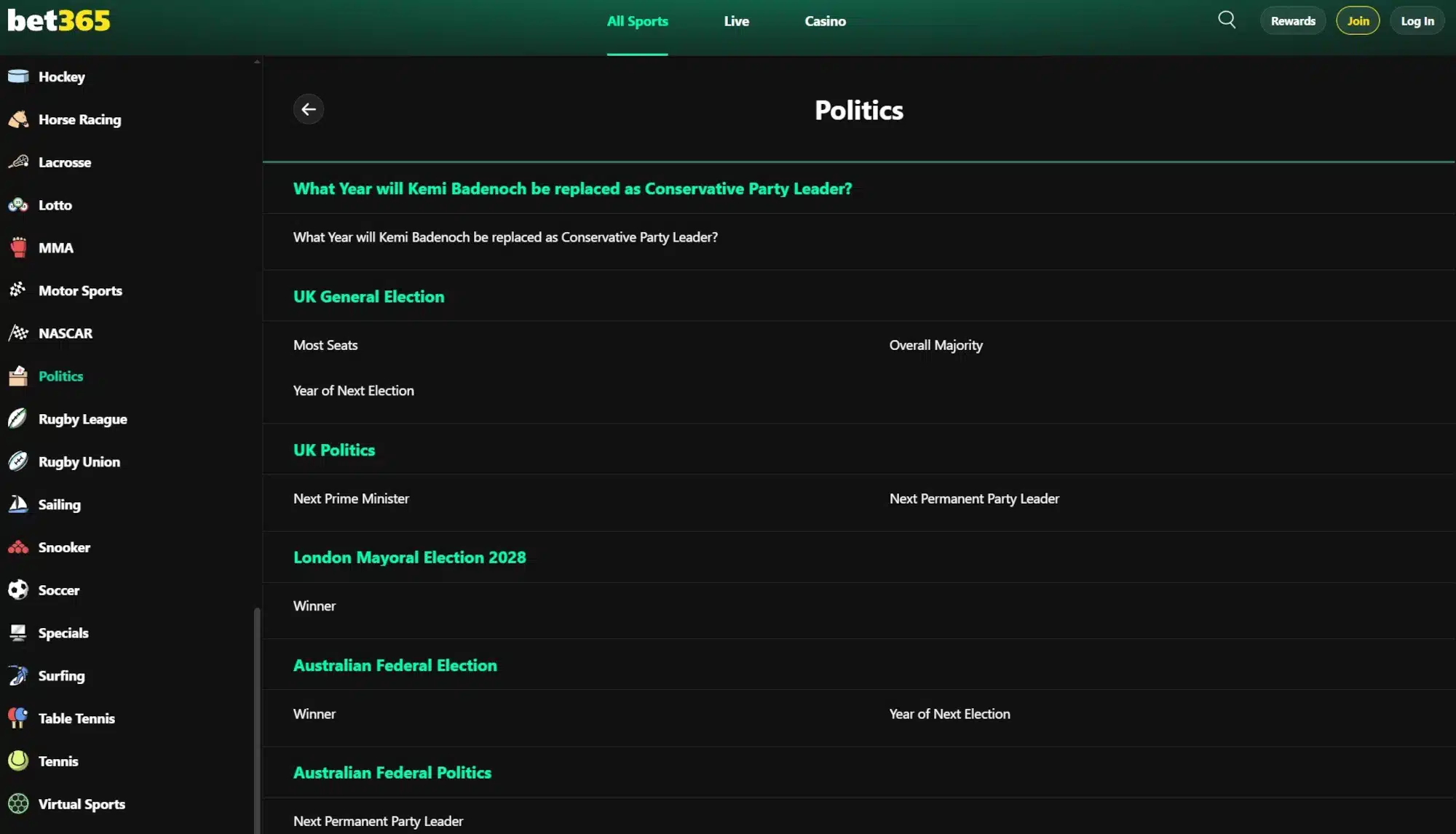 A screenshot of bet365 displaying entertainment odds