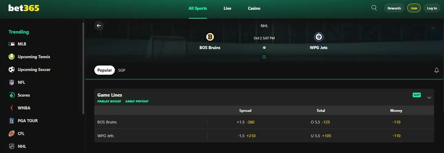 A screenshot of bet365 displaying Winnipeg Jets odds