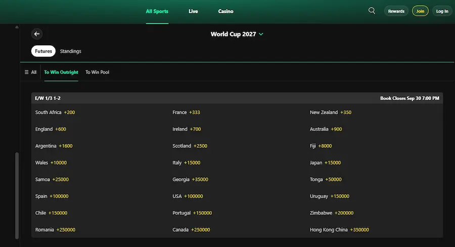 bet365 2027 Rugby World Cup Betting Odds