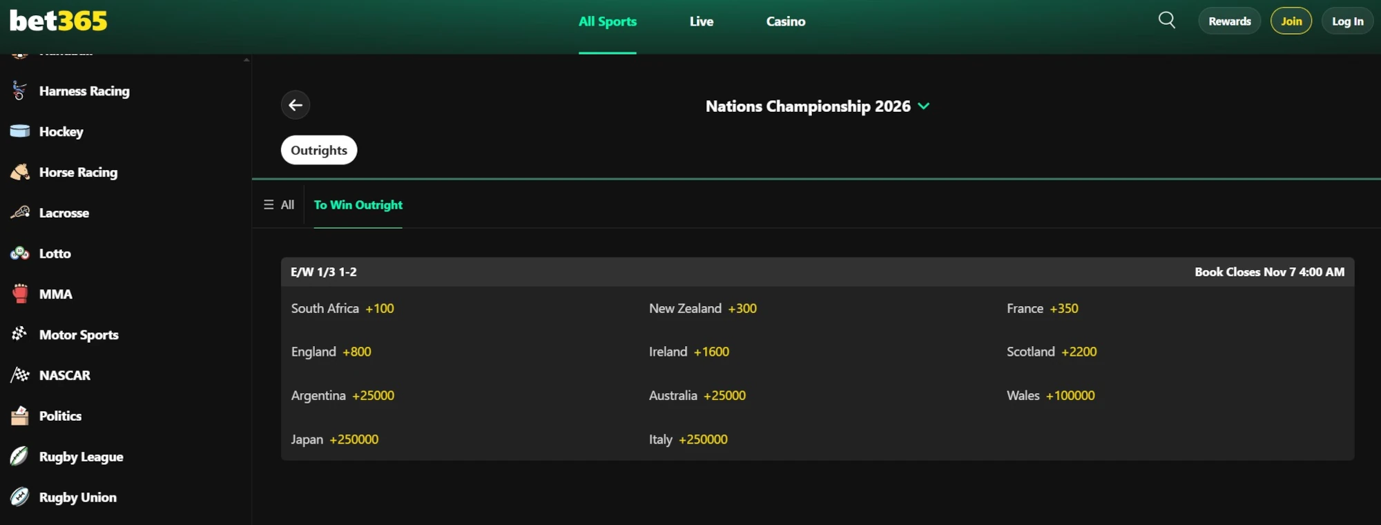 A screenshot of bet365 displaying rugby odds