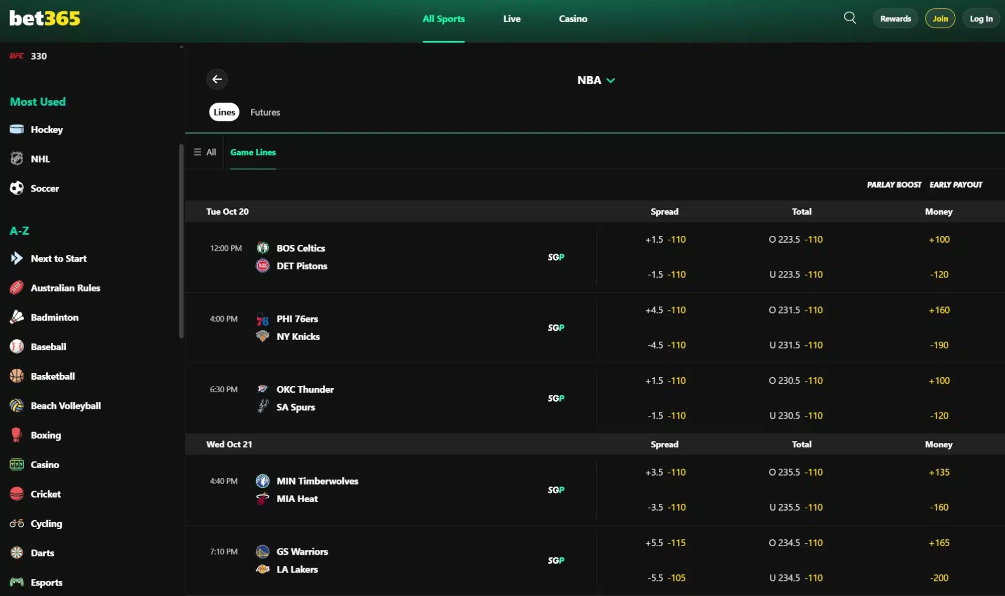A screenshot of bet365 displaying 2026-2027 NBA Odds