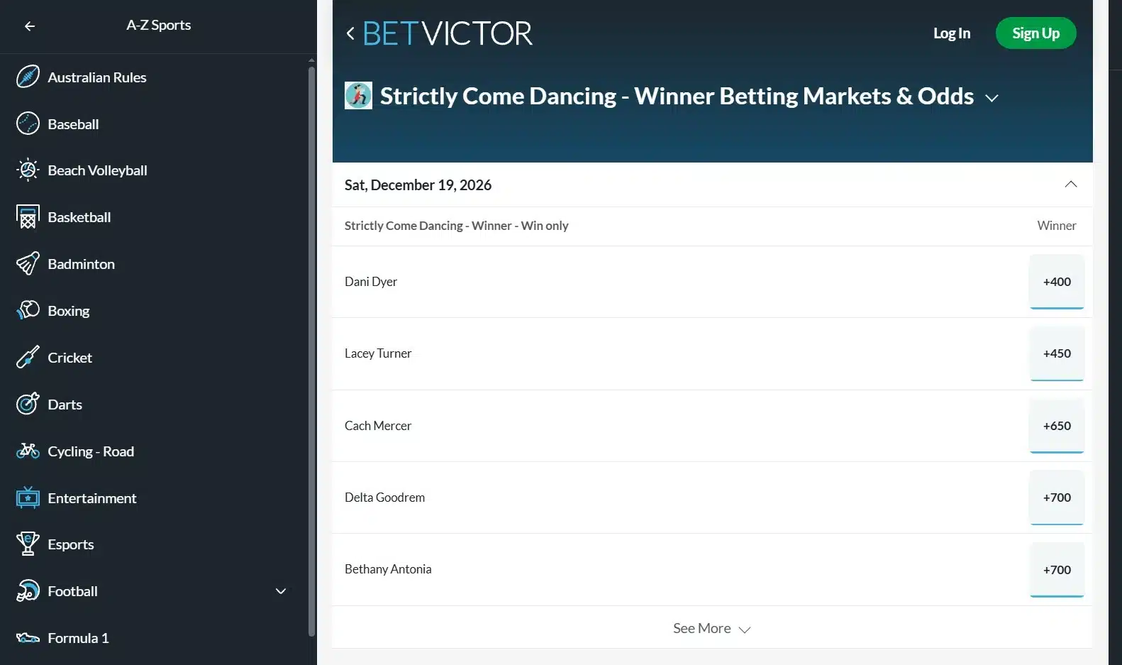 A screenshot of BetVictor displaying entertainment odds