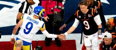 Los Angeles Rams quarterback Matthew Stafford (9) shakes the hand of Cincinnati Bengals quarterback Joe Burrow (9) after Cincinnati Bengals won the coin toss during Super Bowl 56, Sunday, Feb. 13, 2022, at SoFi Stadium in Inglewood, Calif. Los Angeles Rams defeated Cincinnati Bengals 23-20.