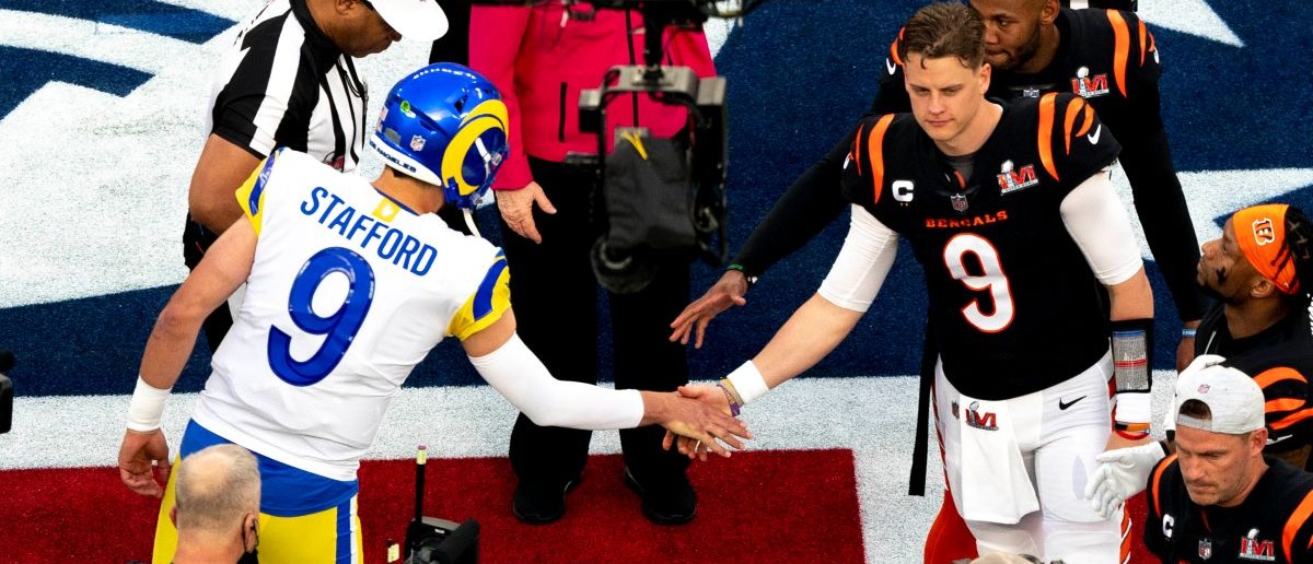 Los Angeles Rams quarterback Matthew Stafford (9) shakes the hand of Cincinnati Bengals quarterback Joe Burrow (9) after Cincinnati Bengals won the coin toss during Super Bowl 56, Sunday, Feb. 13, 2022, at SoFi Stadium in Inglewood, Calif. Los Angeles Rams defeated Cincinnati Bengals 23-20.
