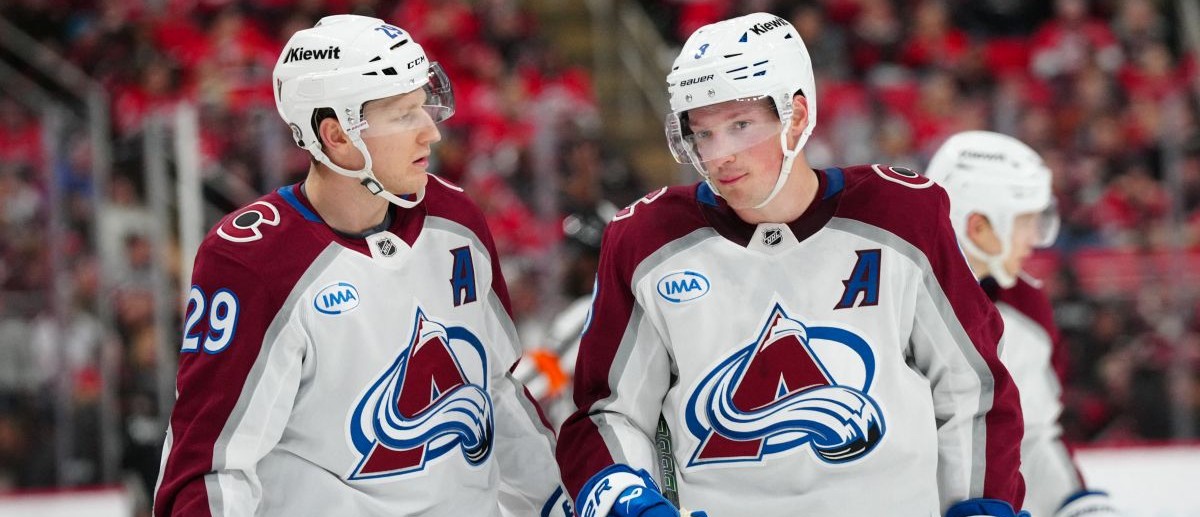 Colorado Avalanche center Nathan MacKinnon (29) and defenseman Cale Makar (8) look on against the Carolina Hurricanes during the third period at Lenovo Center. Mandatory Credit: James Guillory-Imagn Images