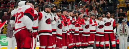 Carolina Hurricanes center Jordan Staal (11) with team await the presentation of the the Stanley Cup after defeating the Vegas Golden Knights in game six of the 2026 Stanley Cup Final at T-Mobile Arena. Mandatory Credit: Stephen R. Sylvanie-Imagn Images