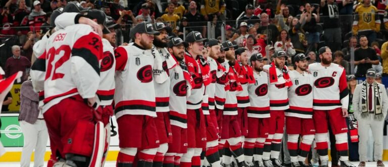 Carolina Hurricanes center Jordan Staal (11) with team await the presentation of the the Stanley Cup after defeating the Vegas Golden Knights in game six of the 2026 Stanley Cup Final at T-Mobile Arena. Mandatory Credit: Stephen R. Sylvanie-Imagn Images