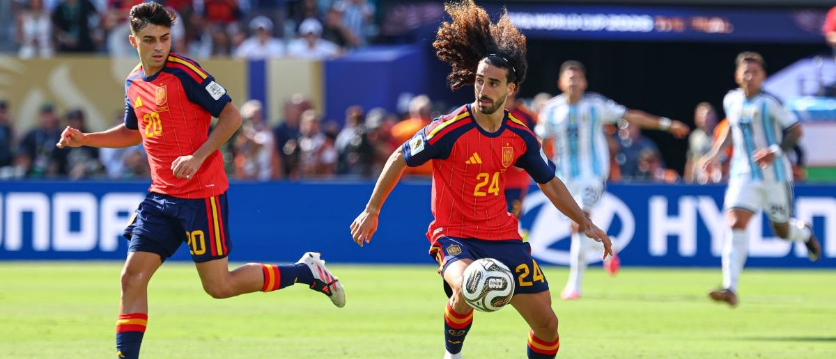 Spain defender Marc Cucurella (24) in action against Argentina during the 2026 FIFA World Cup Final at New York New Jersey Stadium. Mandatory Credit: Vincent Carchietta-Imagn Images