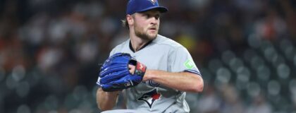 Toronto Blue Jays starting pitcher Trey Yesavage (39) delivers a pitch during the second inning against the Houston Astros at Daikin Park. Mandatory Credit: Troy Taormina-Imagn Images