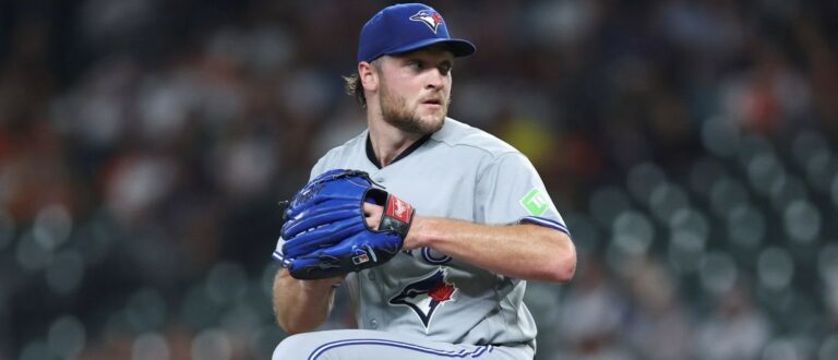 Toronto Blue Jays starting pitcher Trey Yesavage (39) delivers a pitch during the second inning against the Houston Astros at Daikin Park. Mandatory Credit: Troy Taormina-Imagn Images