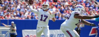 Buffalo Bills quarterback Josh Allen (17) throws the ball aginst the Carolina Panthers during the first half at New Highmark Stadium. Mandatory Credit: Gregory Fisher-Imagn Images