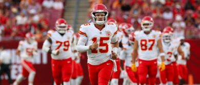 Kansas City Chiefs quarterback Patrick Mahomes (15) leads the team onto the field before a preseason game against the Tampa Bay Buccaneers at Raymond James Stadium. Mandatory Credit: Nathan Ray Seebeck-Imagn Images