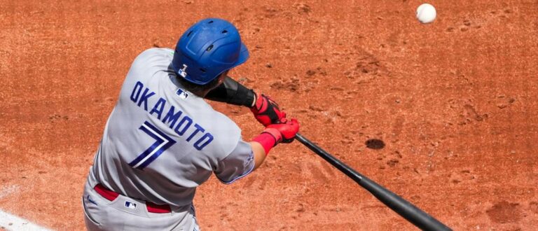 Toronto Blue Jays third baseman Kazuma Okamoto (7) at bat against the Kansas City Royals during the fifth inning at Kauffman Stadium.