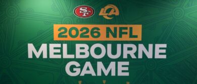The 2026 NFL Melbourne Game and San Francisco 49ers and Los Angeles Rams logos at the NFL Shop Melbourne