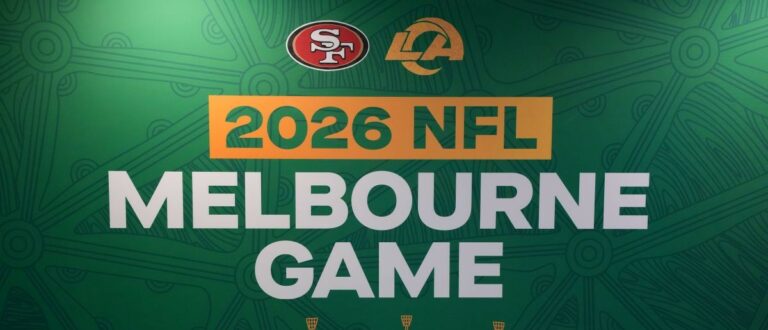 The 2026 NFL Melbourne Game and San Francisco 49ers and Los Angeles Rams logos at the NFL Shop Melbourne