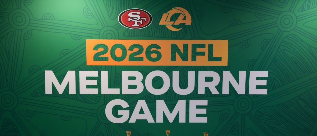 The 2026 NFL Melbourne Game and San Francisco 49ers and Los Angeles Rams logos at the NFL Shop Melbourne