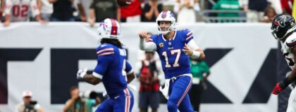 Buffalo Bills quarterback Josh Allen (17) passes the ball to running back James Cook III (4) during the game against the Houston Texans at Reliant Stadium. Mandatory Credit: Troy Taormina-Imagn Images