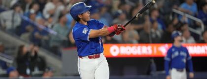 Toronto Blue Jays third baseman Kazuma Okamoto (7) hits a three run home run against the Detroit Tigers during the seventh inning at Rogers Centre. Mandatory Credit: John E. Sokolowski-Imagn Images
